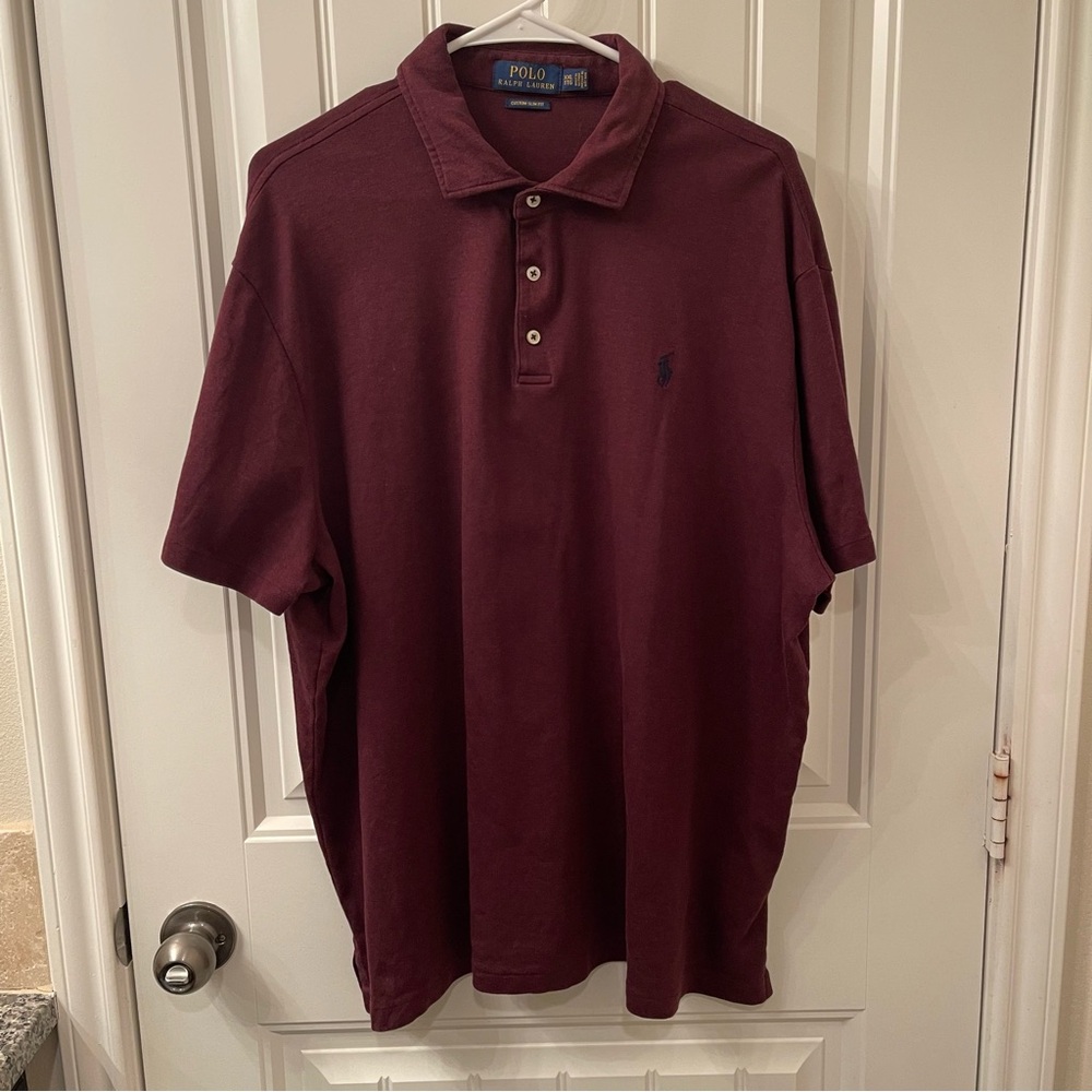 Polo Ralph Lauren Men's XXL Blue Pony Burgundy Maroon Polo Shirt Custom Slim Fit